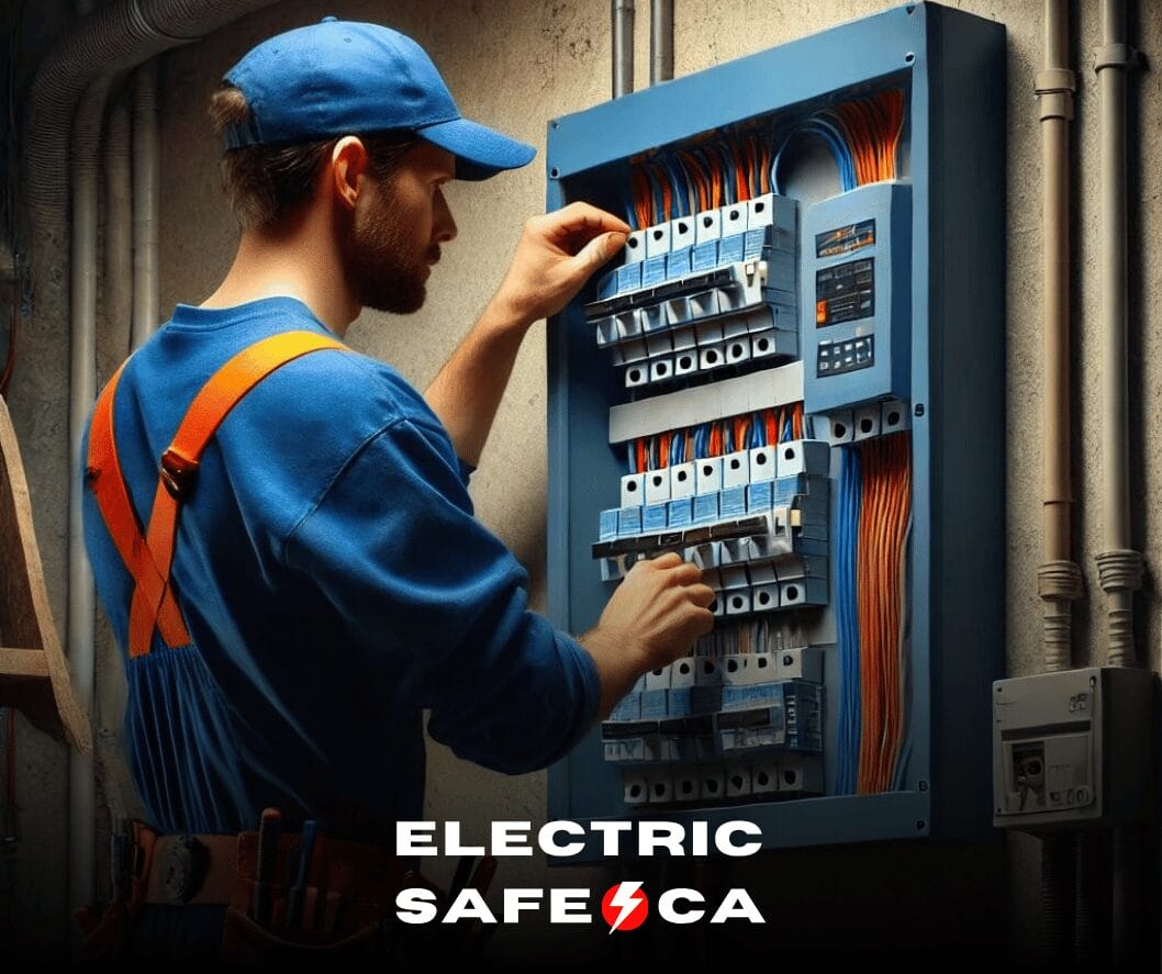 An ElectricSafe employee is working on installing a new 200 Amp electrical panel with circuit breakers in a residential home.