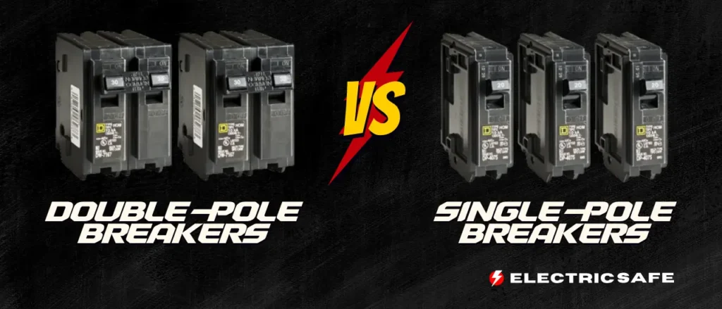 A comparison image featuring double-pole breakers on the left and single-pole breakers on the right.