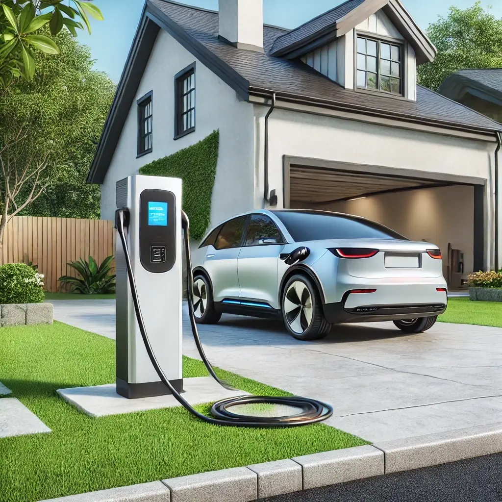 Electric vehicle charging station installed in the driveway of a home, showcasing the convenience of EV charger installation in Hamilton.