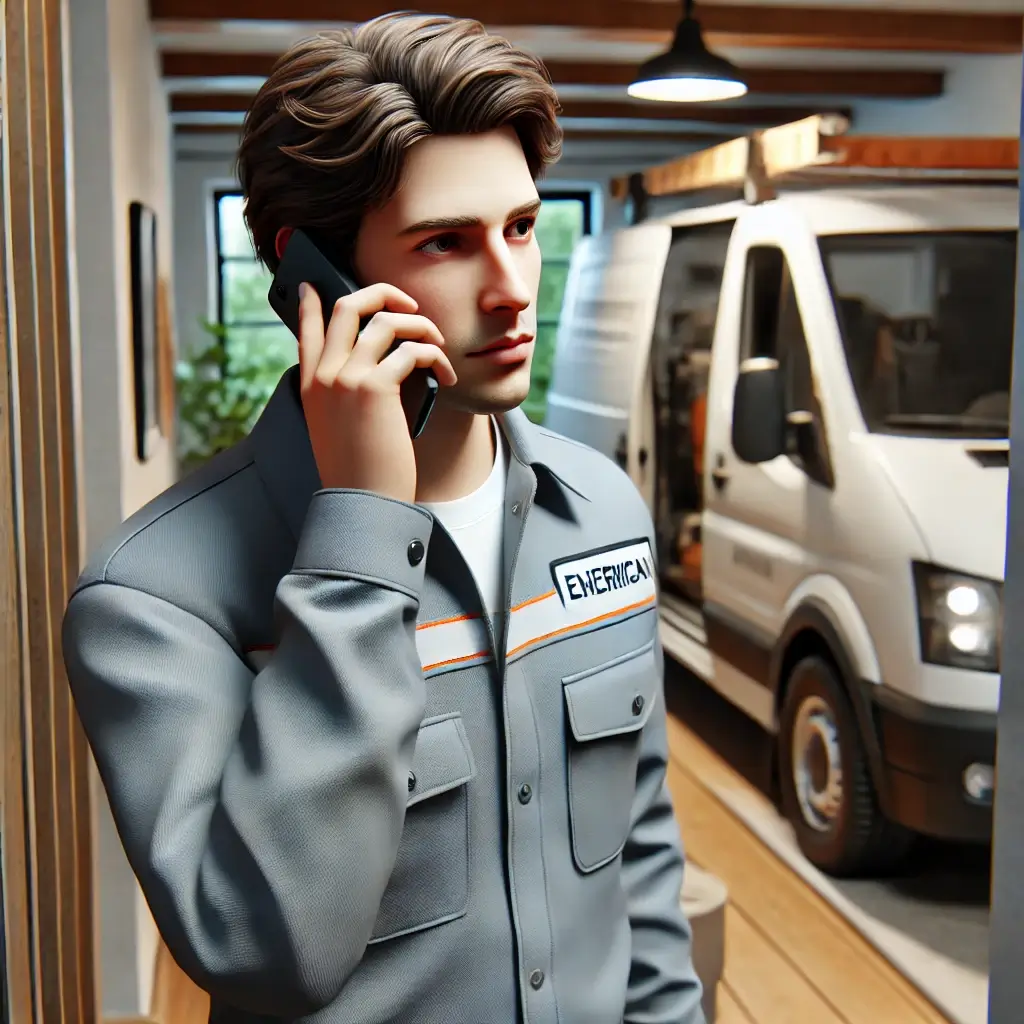 An electrician in uniform answering an emergency electrical call from a customer, ready to respond quickly to any electrical issues.