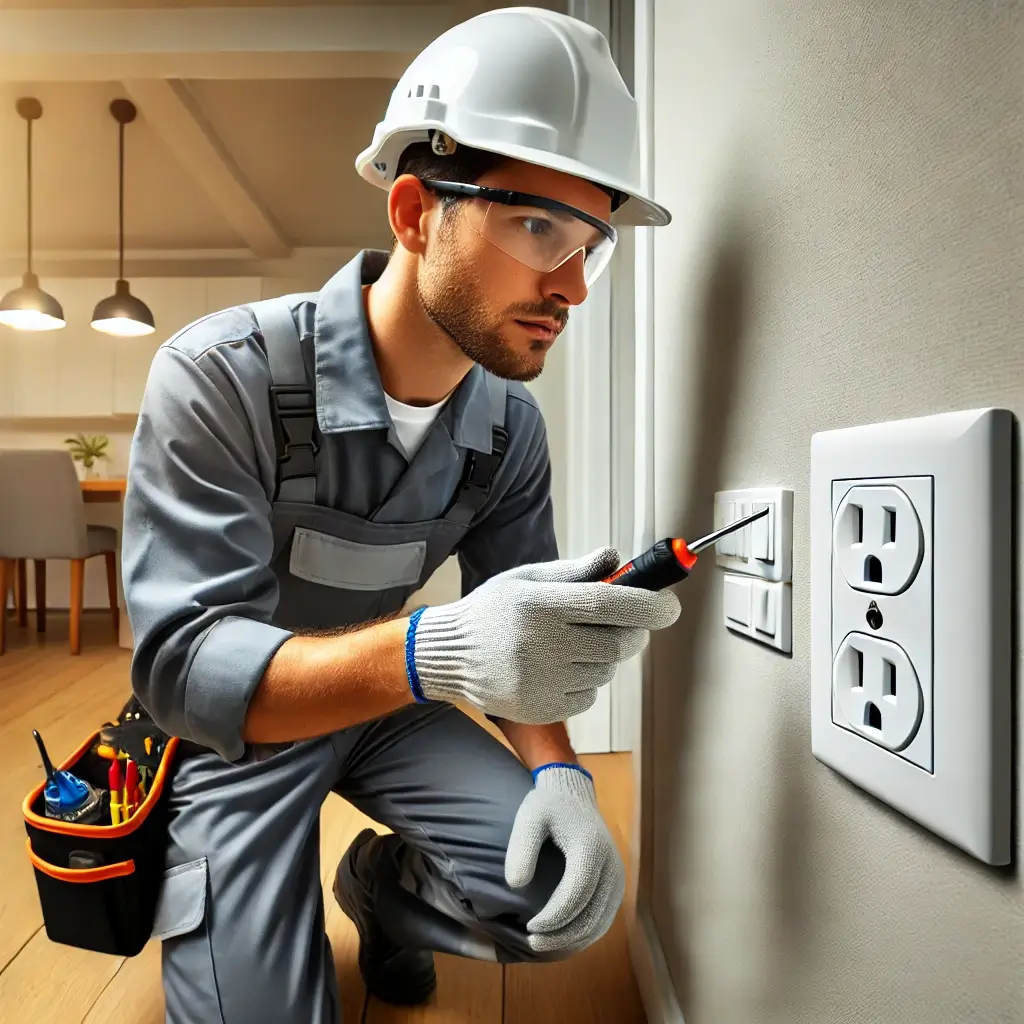 Certified electrician performing an inspection on a wall outlet, ensuring electrical safety and compliance in a residential home.