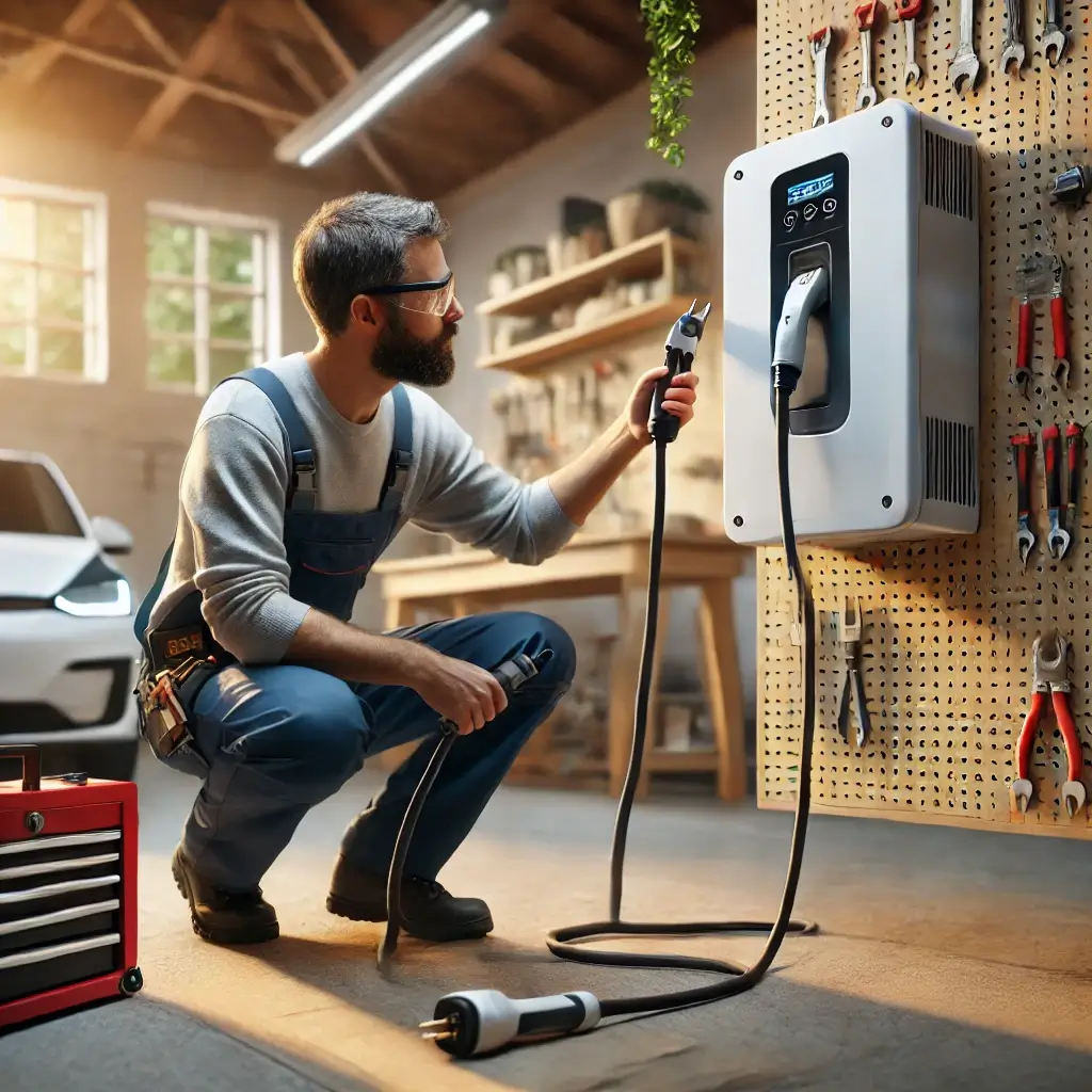 An electrician installing an EV charger in a garage, demonstrating the professional and thorough installation process for EV charger installations in Hamilton.