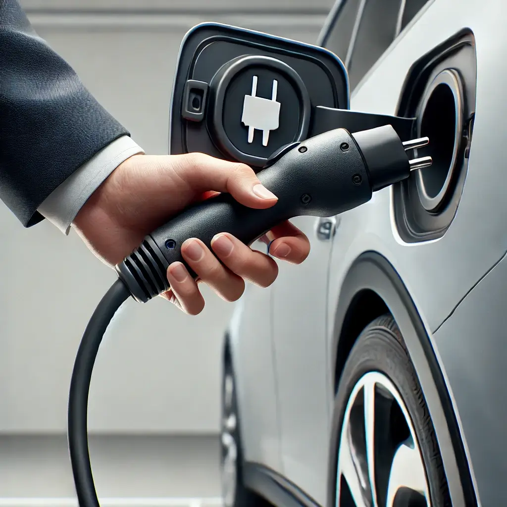 A hand inserting an electric vehicle charger into a car's charging port, showcasing the process of EV charger installation in Hamilton.