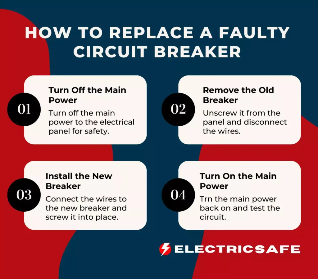 How to fix a circuit breaker that keeps tripping in 4 steps. This includes turning off the main power, removing the old breaker, installing the new breaker, and turning the main power back on.