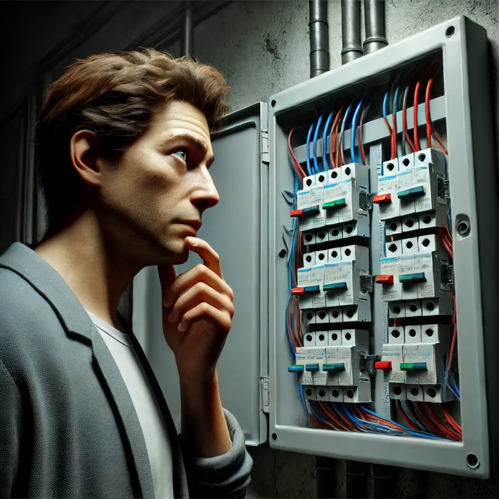 A person looks concerned while examining a damaged electrical panel with exposed wires and tripped breakers, highlighting the need for an electrical panel upgrade.