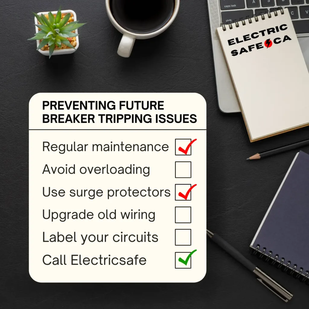 Checklist for preventing future circuit breaker tripping issues, listing tips like regular maintenance, avoiding overloading, using surge protectors, upgrading old wiring, and labeling circuits.