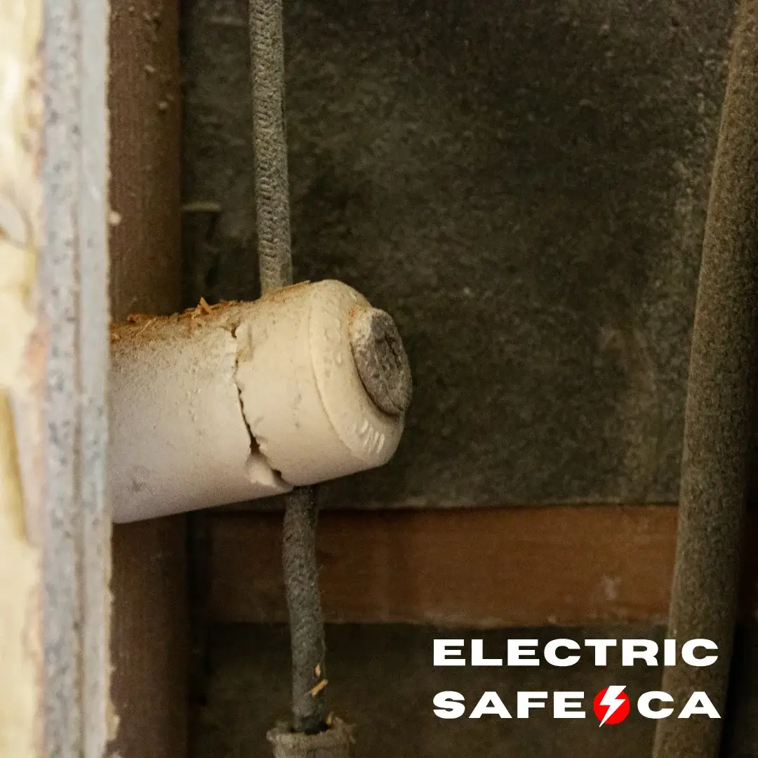 Close-up of deteriorating knob and tube wiring in a Hamilton home