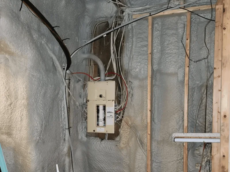 A Dundas electrician inspecting an outdated electrical panel in a basement renovation project. Proper panel upgrades ensure safety and code compliance.