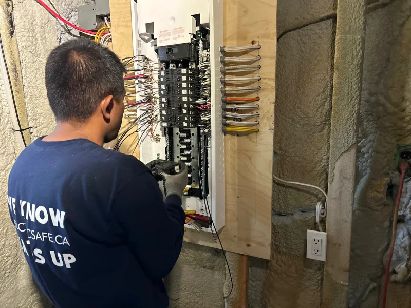 A licensed Stoney Creek electrician working on a panel upgrade, ensuring proper wiring, safety compliance, and efficient power distribution.