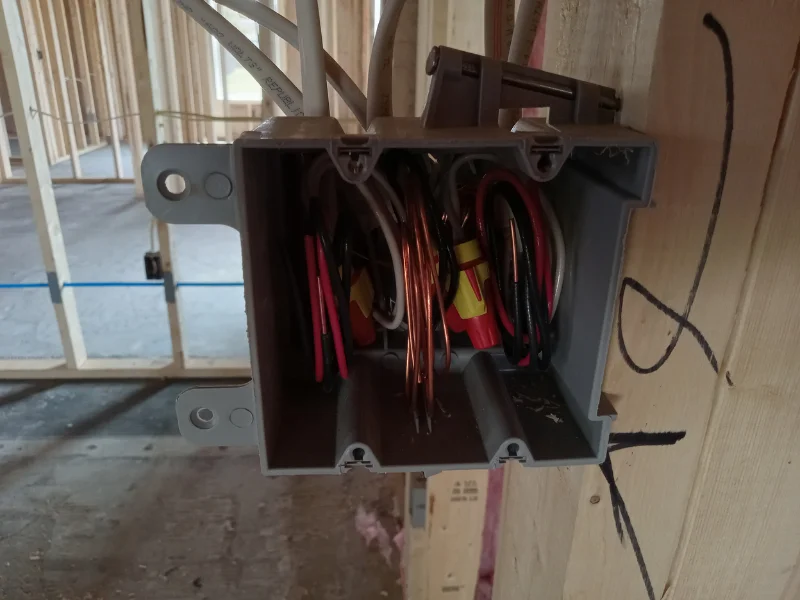 New home electrical wiring setup in Ancaster, with a properly installed junction box and neatly organized copper and insulated wires ready for connection.