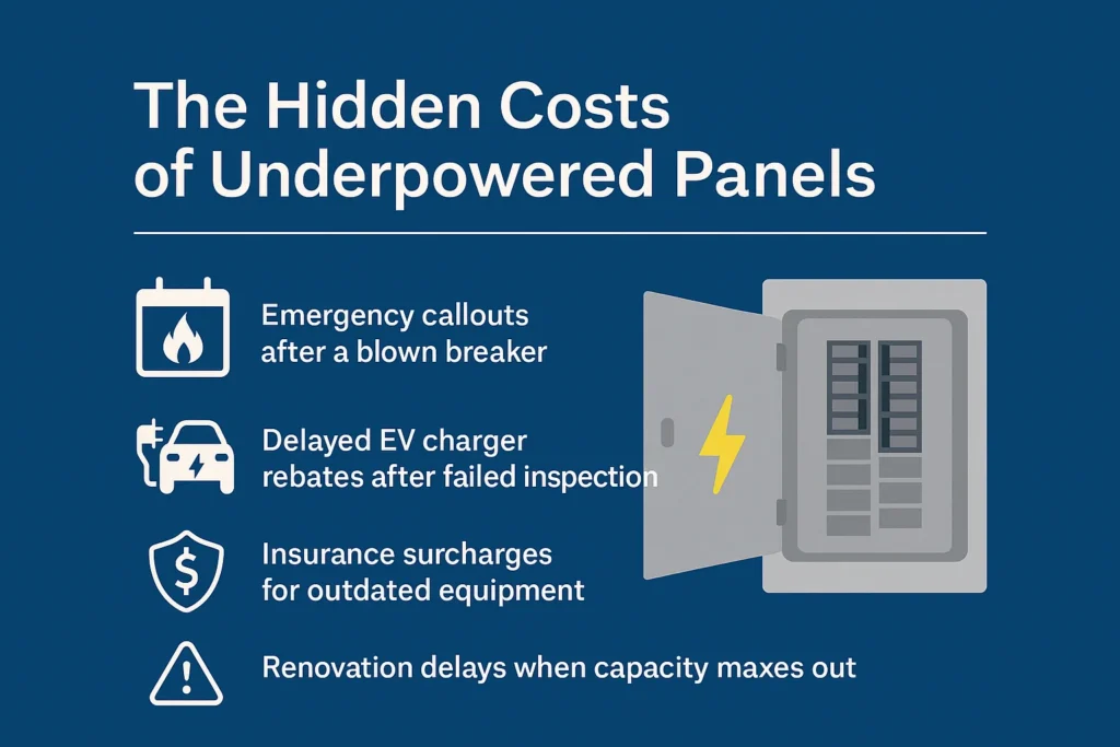 Visual infographic showing four hidden costs linked to outdated or undersized panels, such as emergency callouts and failed inspections: relevant for anyone evaluating do I need a panel upgrade or electrical load calculation for home decisions.