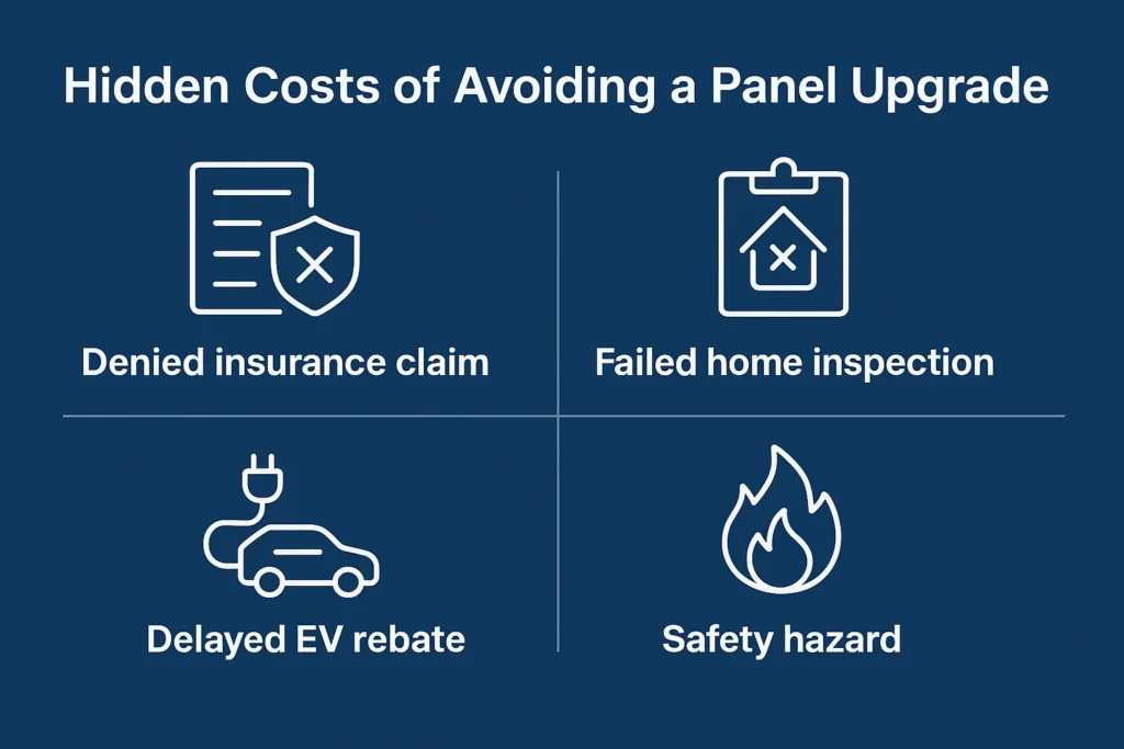 A four-part graphic showing the hidden costs of delaying an electrical panel upgrade, including denied insurance claims, failed home inspections, and delayed EV rebates.