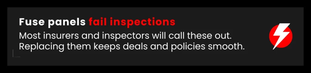 A callout graphic highlighting how old fuse panels often fail home inspections and are flagged for upgrades.