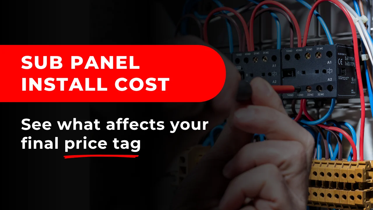 Hero banner graphic showing a close-up of a technician wiring a breaker, with the text overlay explaining the cost to install a sub panel and how pricing varies based on project scope.
