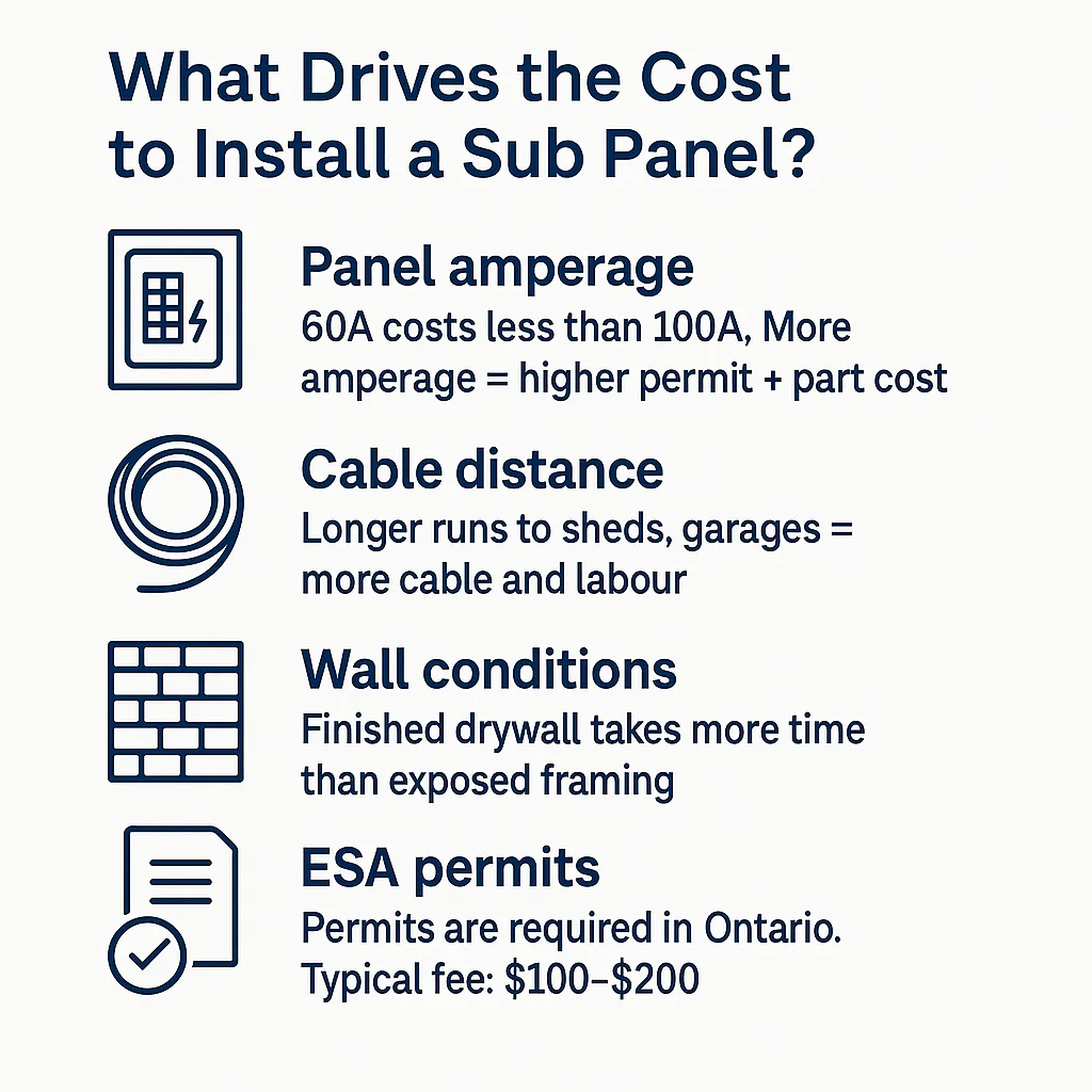 Visual infographic breaking down the main elements that affect sub panel installation pricing, including amperage, distance, wall conditions, and permits.