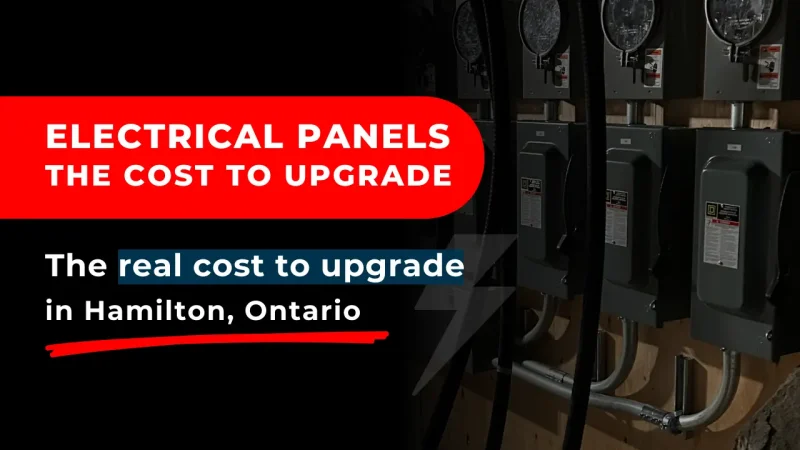 A row of electrical panels with meters in a dimly lit setting. The image includes bold text stating 'Electrical Panels: The Cost to Upgrade' and highlights the 'real cost to upgrade' in Hamilton, Ontario.